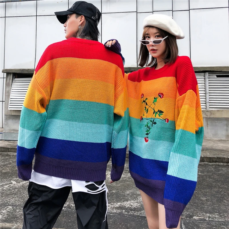 Повседневный полосатый свитер с цветочной вышивкой 2019 Осень Новые мужские |