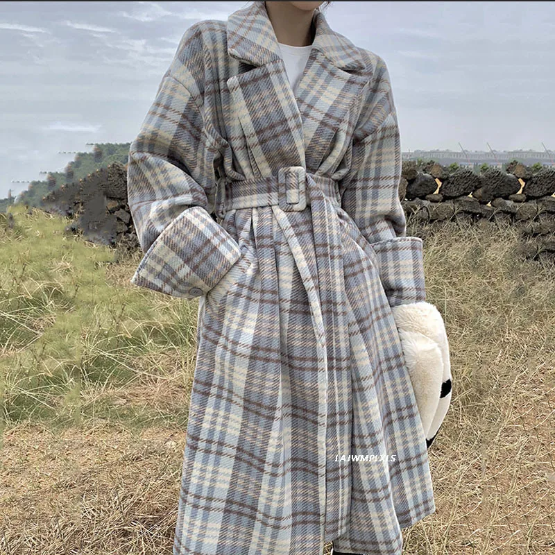 

Women's Plaid Woolen Coat With Belt Long 2021 Winter New Korean Loose Long-Sleeved Thick Stitching Retro Plaid Woolen Coat