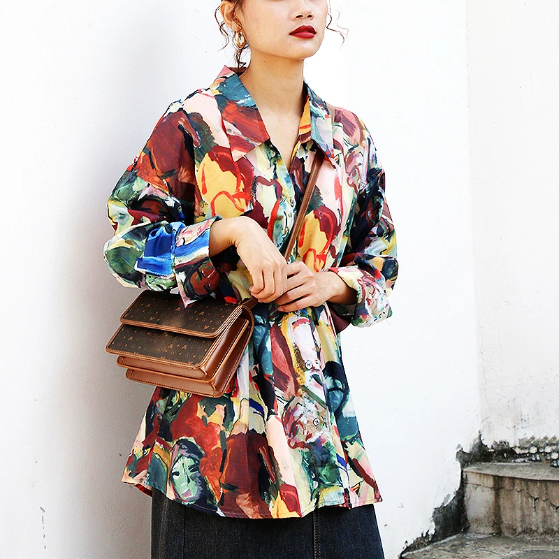 

Блузка Женская осенне-весенняя, свободного кроя, с длинным рукавом, с рисунком масляной живописи, SL153, блузка хараджуку