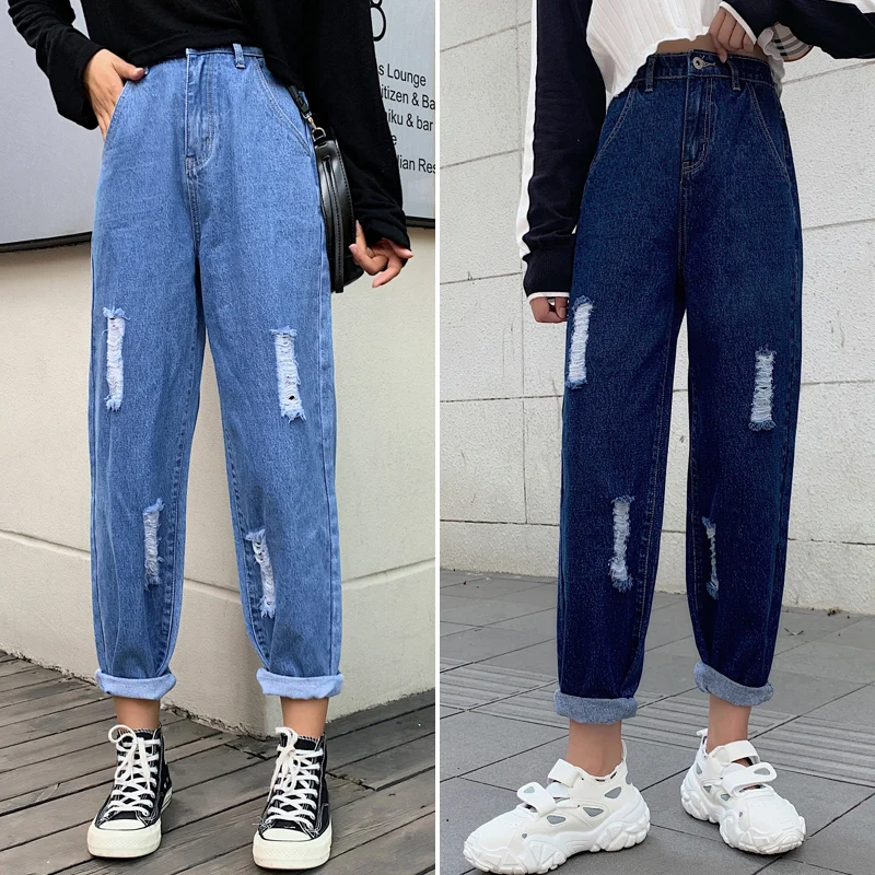 Женские винтажные рваные джинсы бойфренды с высокой талией и дырками модные