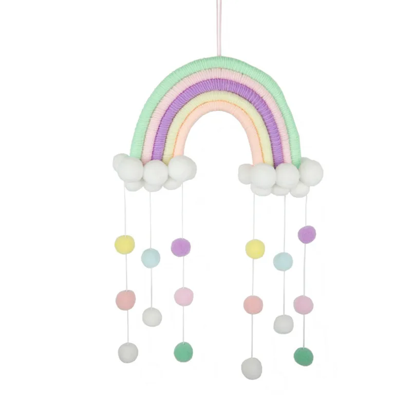 

INS Style Room Decoration Handmade Woven Cotton Rope Rainbow Hanging Decoration Wall Hanging Decor With Felt Ball Photo Props