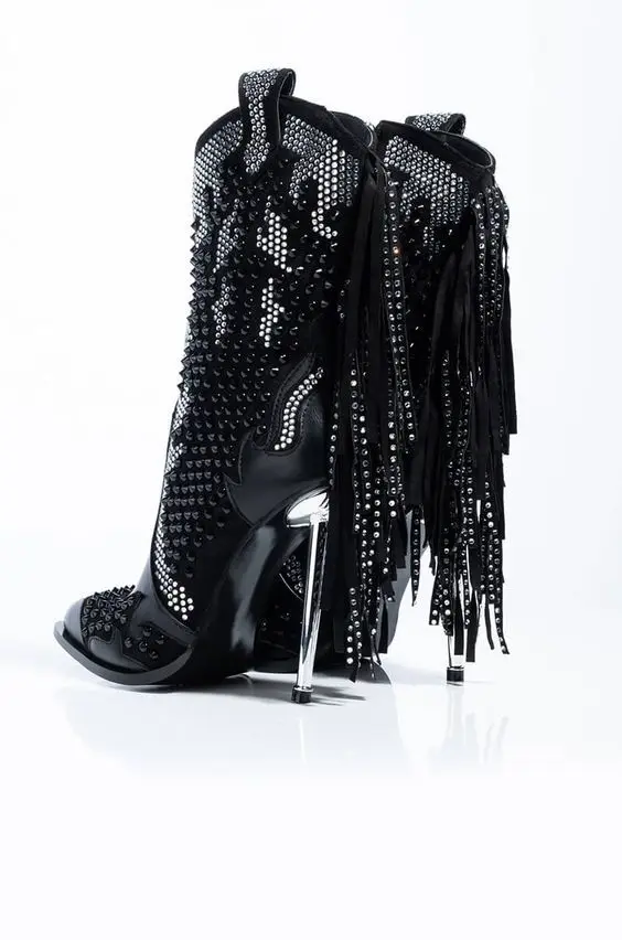 

Fashion sexy hot drill rivets tassel sexy high heel boots