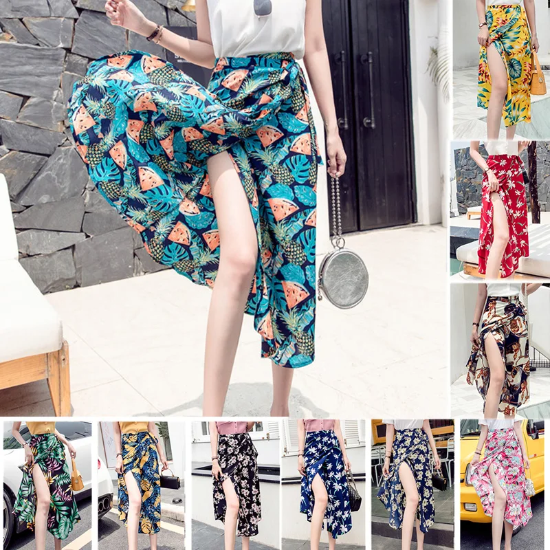 

16 colors Vintage Floral Print Beach Long Skirts Summer Autumn Women Korean wrap Streetwear Drawstring Midi Skirt streetwear