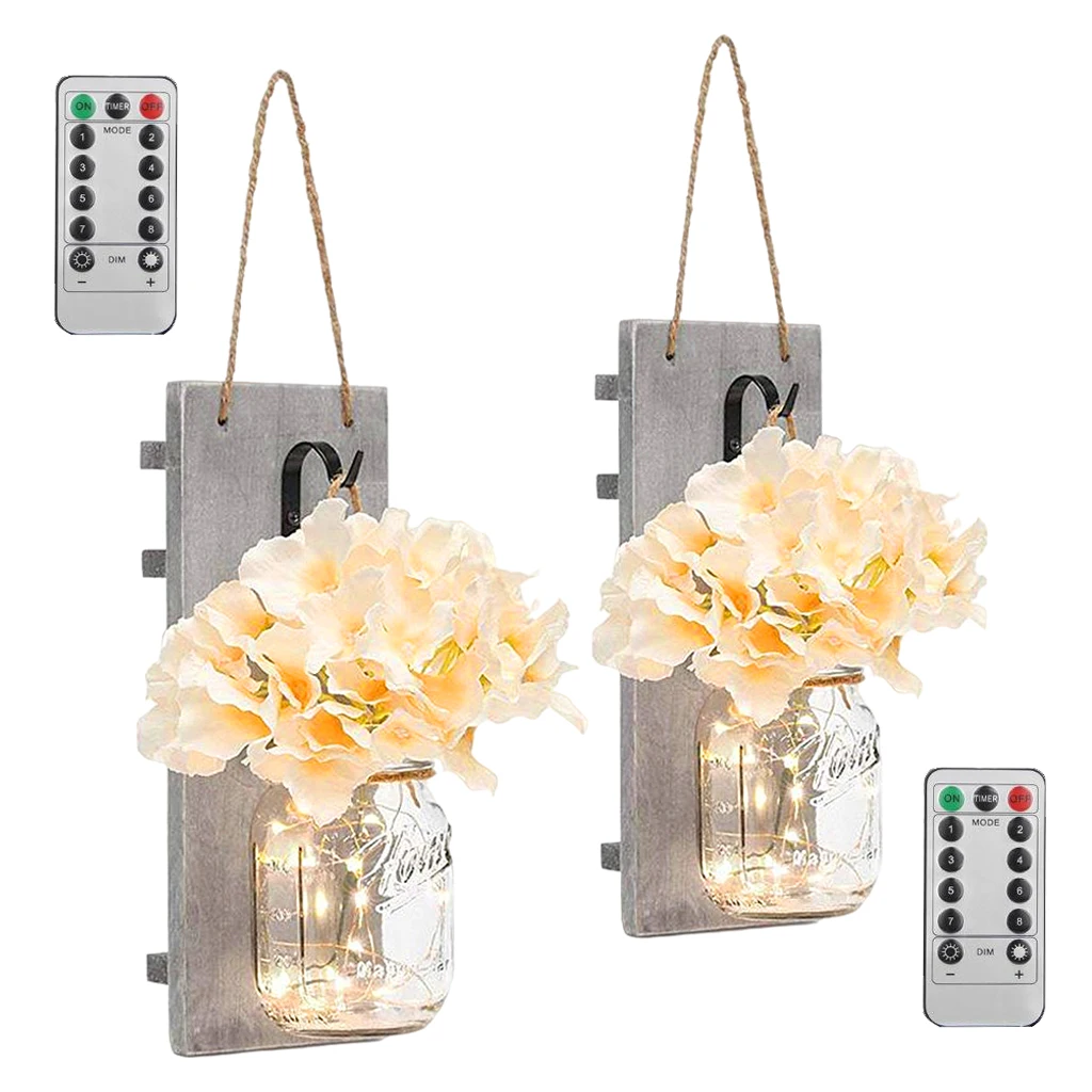 

2 Pack Mason Jar Sconces for Wall Decor with LED Fairy Lights, Decorative Chic Hanging House Decor , Silk Hydrangea