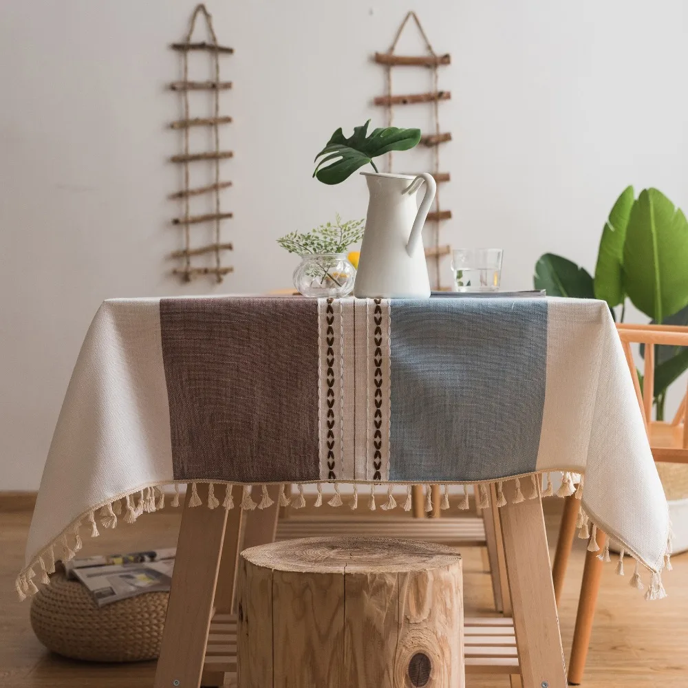 Клетчатая хлопковая и льняная скатерть с кисточкой водонепроницаемая плотная