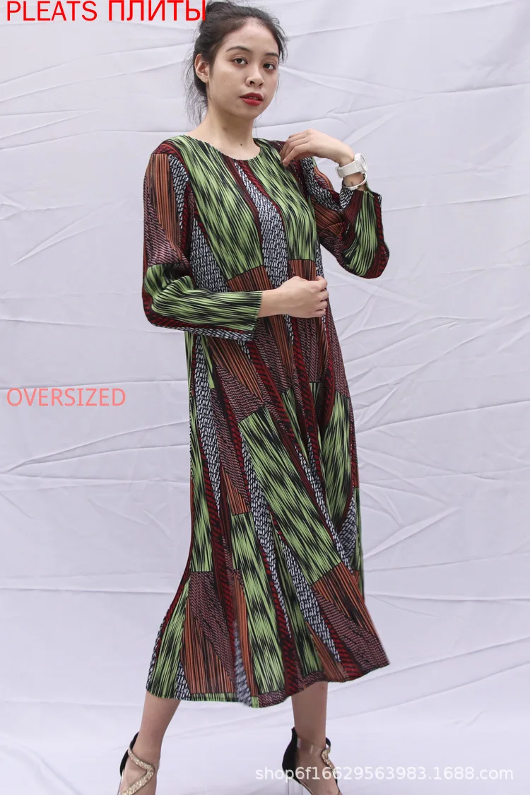 

Long Sleeve Pleated Print Hit Color New A-line Dress MIYAKE Pleats Vestido Fashion Shein