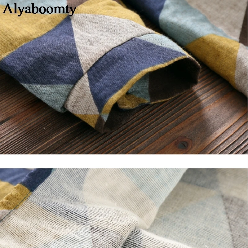 

Japanese Mori Girl Autumn Spring Women Vintage Dress Stand Collar Geometric Printed Loose Dress Cotton Linen Vestidos Femininos