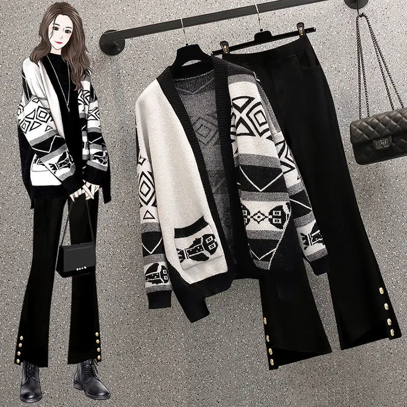 

Large women's winter suit women's 2021 new meat concealing slim loose sweater cardigan jeans two piece suit fashion