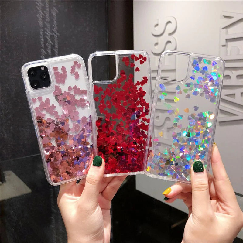 Glitter Love Heart Sequins Phone Case For iPhone 12 11 13 14 Pro Max XR XS Max X 8 7 Plus Shining Case Back Cover For 12 13