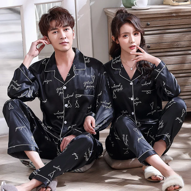 

Lovers Pyjamas Women Full Sleeve Silk Pajama Sets Letter Pattern Couple Pajamas For Women Sleepwear Sets Sexy Cardigan Pijamas