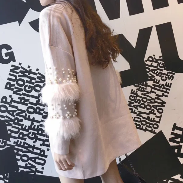 Женское вязаное платье-свитер с длинным рукавом из искусственного меха | Женская