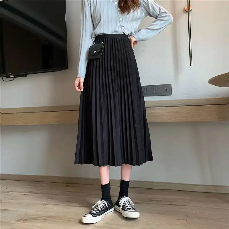 

Autumn and winter new high waist thin medium length solid color versatile pleated skirt women's A-line skirt with waist bag