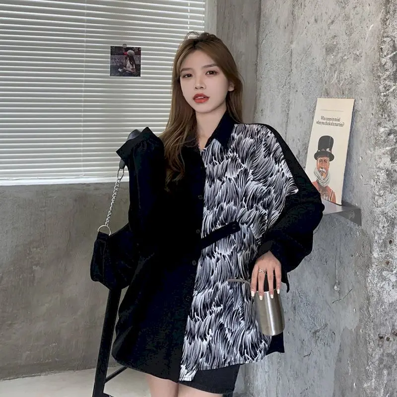 

Блузка женская с длинным рукавом, Свободный кардиган контрастных цветов в Корейском стиле, рубашка с принтом, одежда для ранней осени