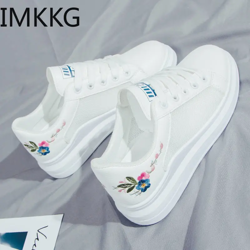 HOT Women Sneakers 2020 Fashion Breathble Vulcanized Shoes Pu embroider Platform Lace up Casual White | Обувь