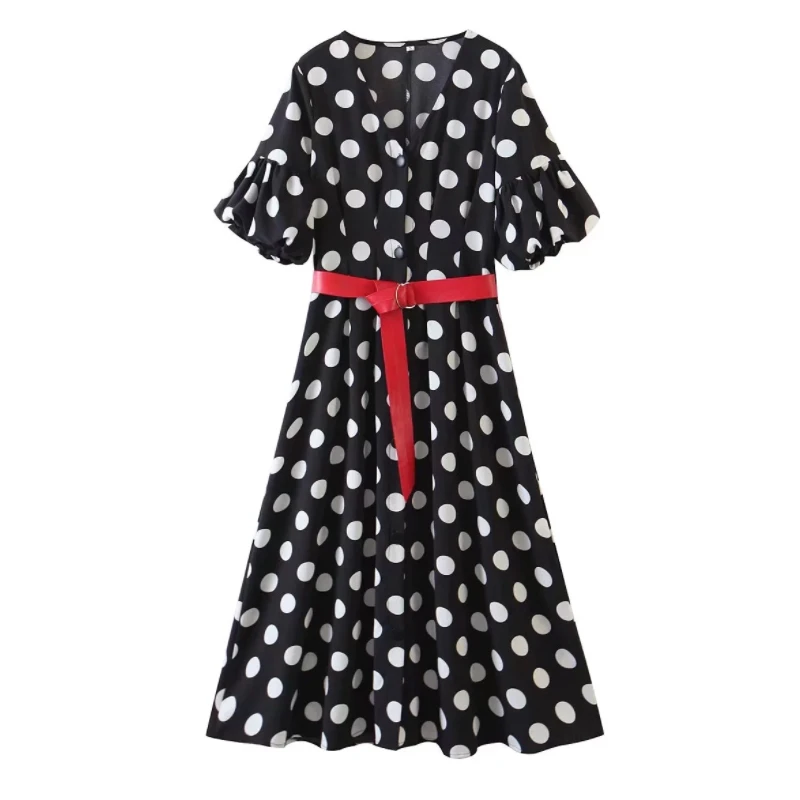 

Women Polka Dot Printing V Neck Sashes Midi Dress 2022 Spring Short Sleeve Female Clothes Casual Lady Loose Vestido D9228