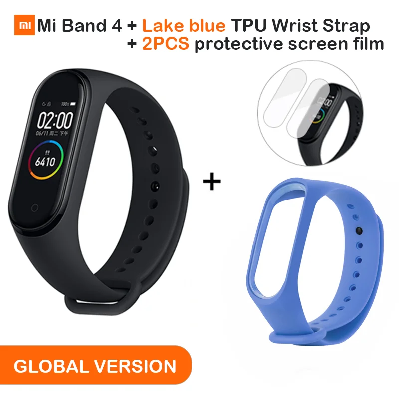 Add Lake blue Strap Глобальная версия, Xiaomi Mi, 4 смарт-браслет, AMOLED экран, Smartband, фитнес-браслет, Bluetooth, спортивный, водонепроницаемый - Цвет: Add Lake blue Strap