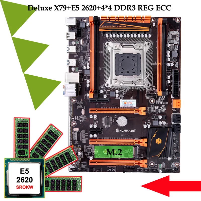 Kaufen Marke Motherboard Mit M.2 Auf Verkauf HUANANZHI Deluxe X79 Gaming Motherboard Mit CPU Intel Xeon E5 2620 SROKW RAM 16G(4*4G) RECC
