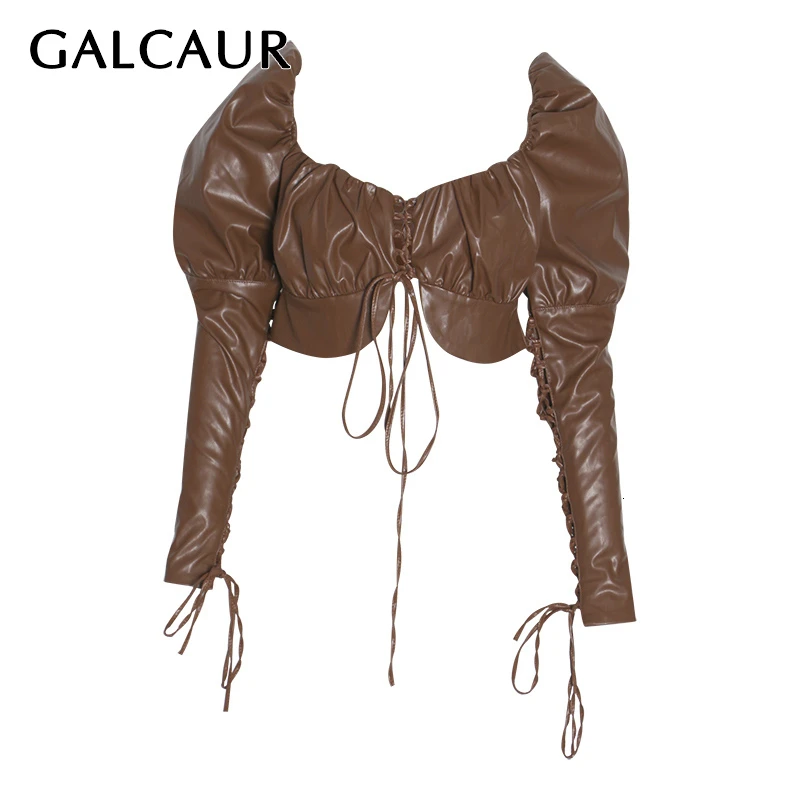 GALCAUR/женская рубашка с квадратным воротником и бантом из искусственной кожи