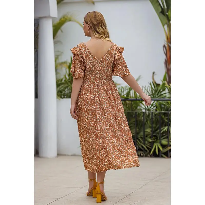 

COCOEPPS 2020 Summer Plus size Petal Sleeve Long Floral Dress Women Casual Maxi Printed Dress Boho 4XL Large Size Vintage Dress