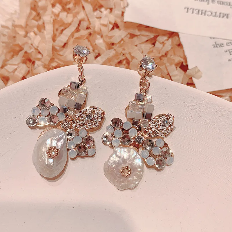 Романтические серьги с цветком и кристаллами корейские Винтажные подвески