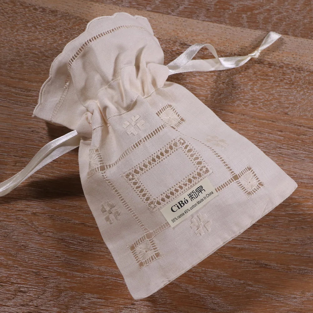 

B019 : 12 pieces Beige ramie cotton hand embroidery Drawnwork gift bags sachet bags, travel pouchs linen bags Drawstring bags