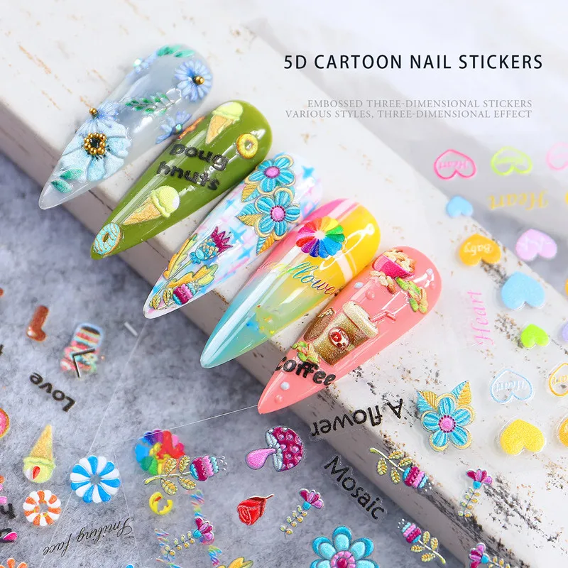 Мультяшные наклейки для ногтей 5D на ногти маникюра цветы любовь сердце конфеты