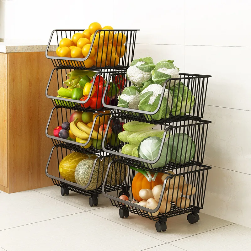 

2/3 Tier Carbon Steel Kitchen Storage Basket Stackable Rolling Fruit Vegetable Basket Floor Standing Utility Trolley Cart Shelf