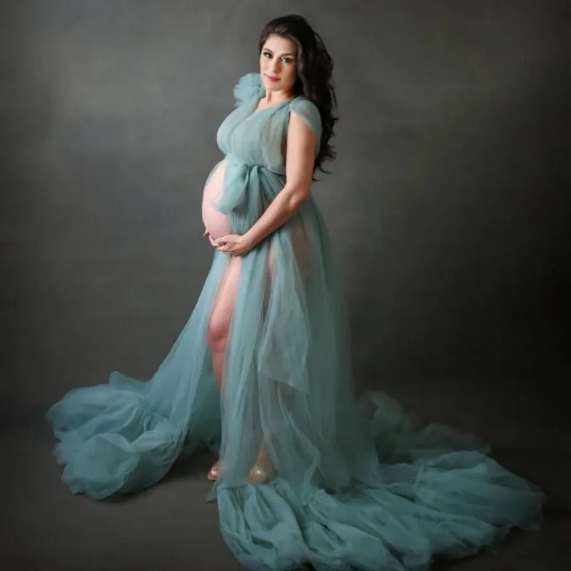 

Fluffy Long Lush Maternity Dressing Dresses Elegant High Split Prom Gowns Ruffles Mint Blue Plus Size Party Dress For Photoshoot