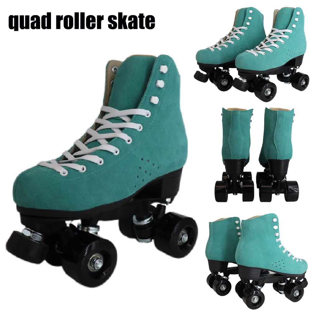 Unisex Double Line Roller Skate Sport Quad States Green Cowhide Suede Skating Patines Men Women Skating Boots Sport Gears