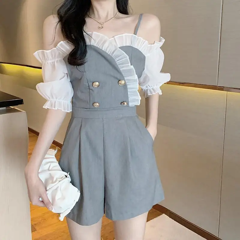 

Korean Sexy Strapless Sling Women Playsuits Short Sleeve Hit Color Ruffle Patchwork Romper High Waist Slim Bodysuit G1829