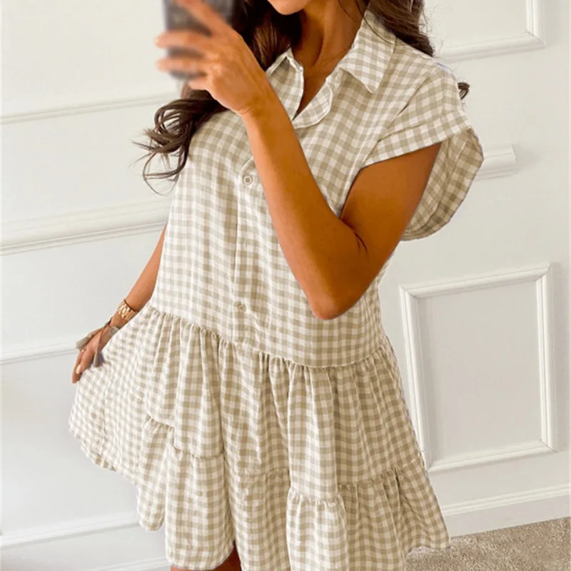 

New Elegant Turn-down Collar Pleated Dress Women Summer Fashion Plaid Dress Office Lady Button Short Sleeve A Line Dresses Mujer