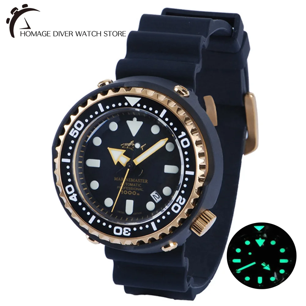 

Heimdallr Men's Automatic Tuna Diver Watch Black Dial Sapphire Golden PVD Coated Case 1000m Water Resistance NH35 Movement Watch