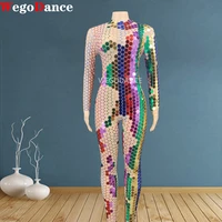 full colorful mirrors transparent sexy jumpsuit birthday celebrate mesh sequins outfit prom dance stage singer bodysuits