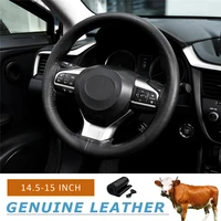 universal 38cm 15 genuine leather diy steering wheel cover hand stitched punched with needles thread car interior accessories