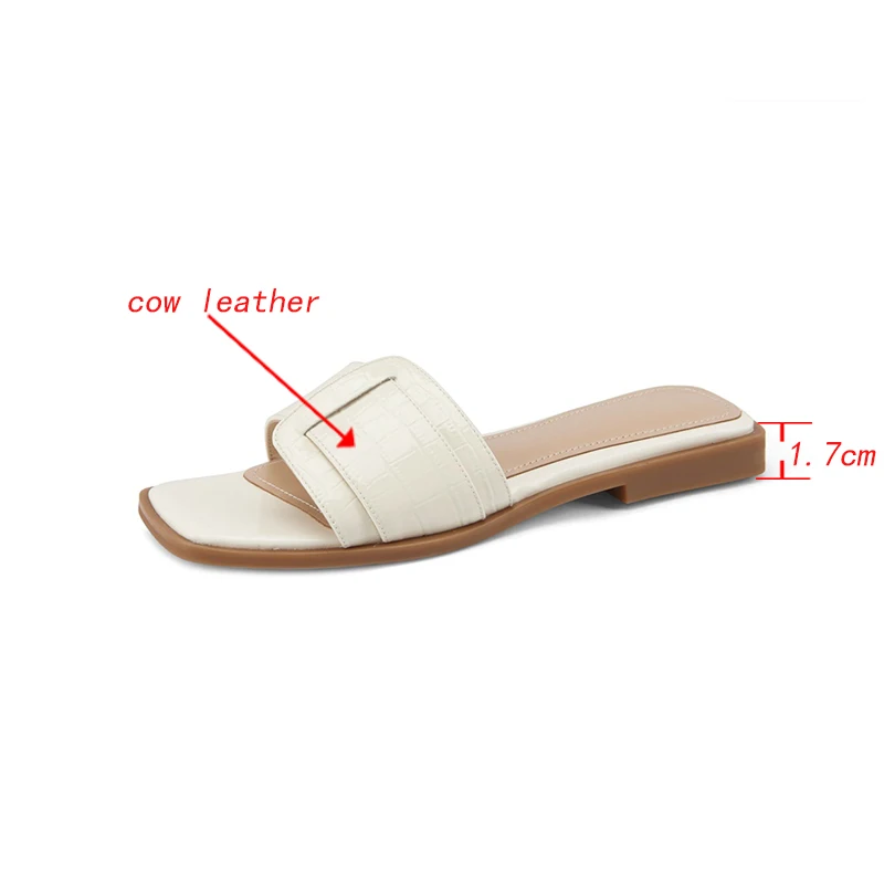 Kanseet Women Shoes 2021 Summer Genuine Leather Slippers Square Toe Casual Comfort Low Heels Green Beige Basic Female Footwear