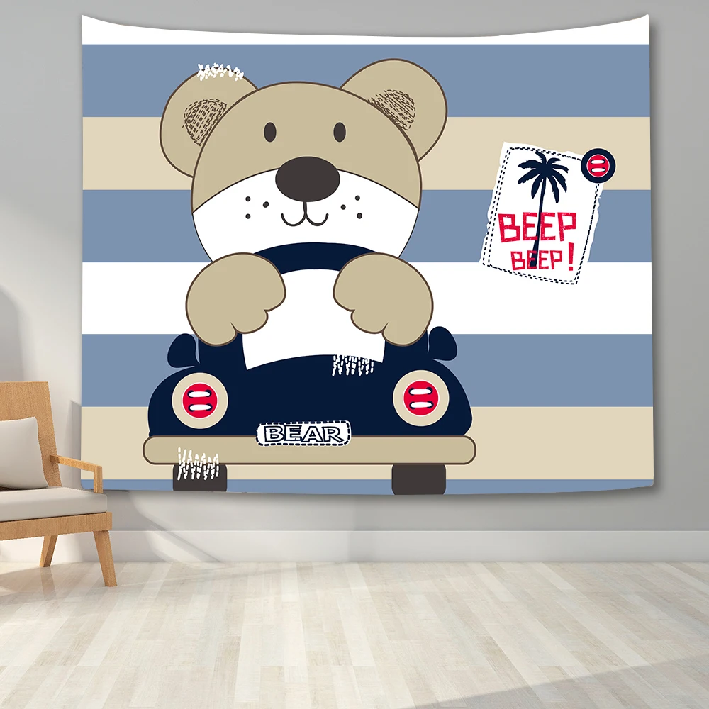 

Cartoon Teddy Bear And Car Pattern Tapestry Wall Hanging Home Decor For Kids Bedroom Background Cloth Wall Art Hanging Blanket