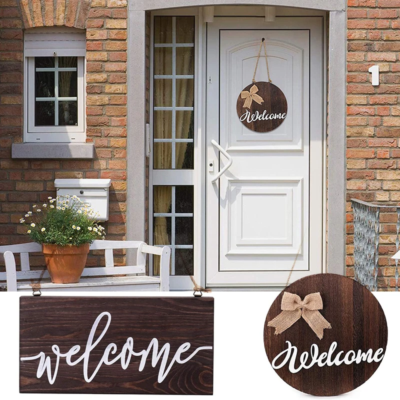 

Wooden Welcome Sign for Front Door Round Rectangular Gates Wreath Decor Rural Hanging Ornament for Wall Home Fence J99Store