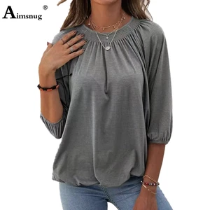 Ladies Elegant Fashion Shirring T-shirt Three Quarter Sleeve Womens Top Pullovers Autumn Loose Tees Clothing 2022