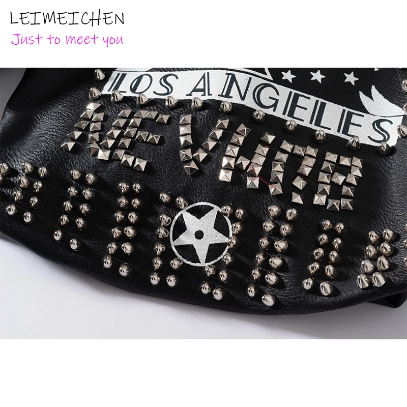 

LEIMEICHEN Women's Slim PU Leather Jacket Punk Rock Fashion Graffiti Print Rivet Jacket Motorcyclist short leather jacket women