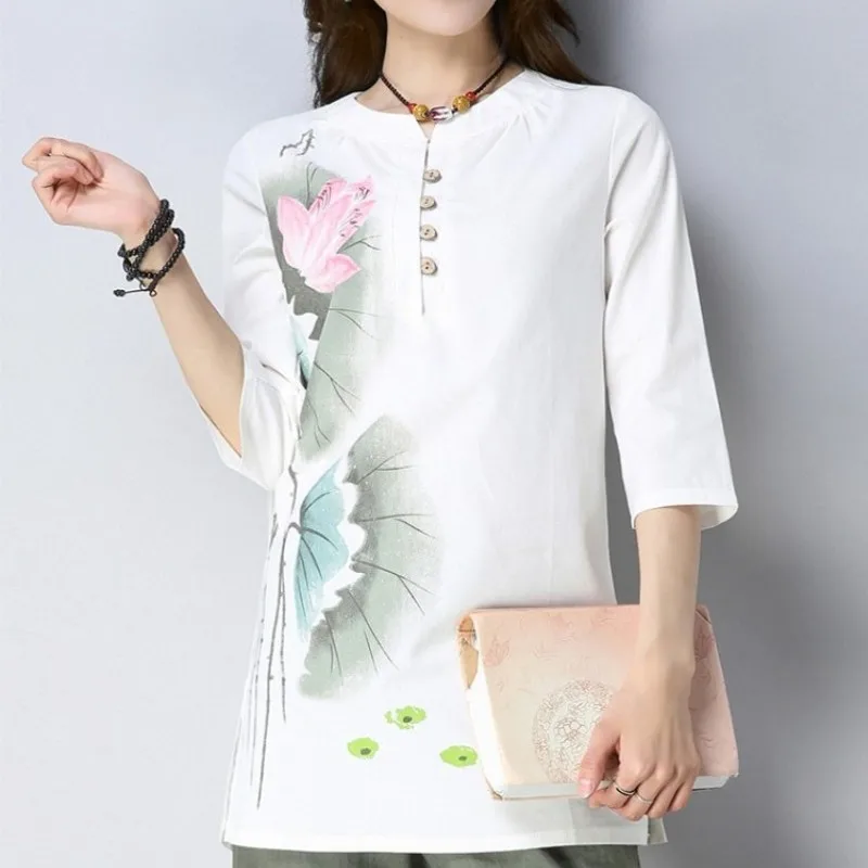 Винтажная женская футболка в китайском стиле костюм Тан футболки из хлопка и