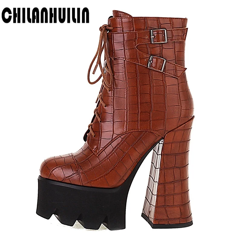 

new punk design print microfiber leather platform pumps thick high heel ankle boots shoes woman casual street shoes bootas mujer