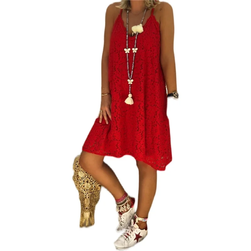 

2021 Summer Women's V-Neck Lace Large Size Loose Sling Dress