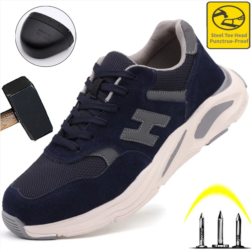 

Work Sneakers Male Cow Suede Safety Shoes Puncture-Proof Work Shoes Boots Men Steel Toe Cap Protective Shoes Indestructible