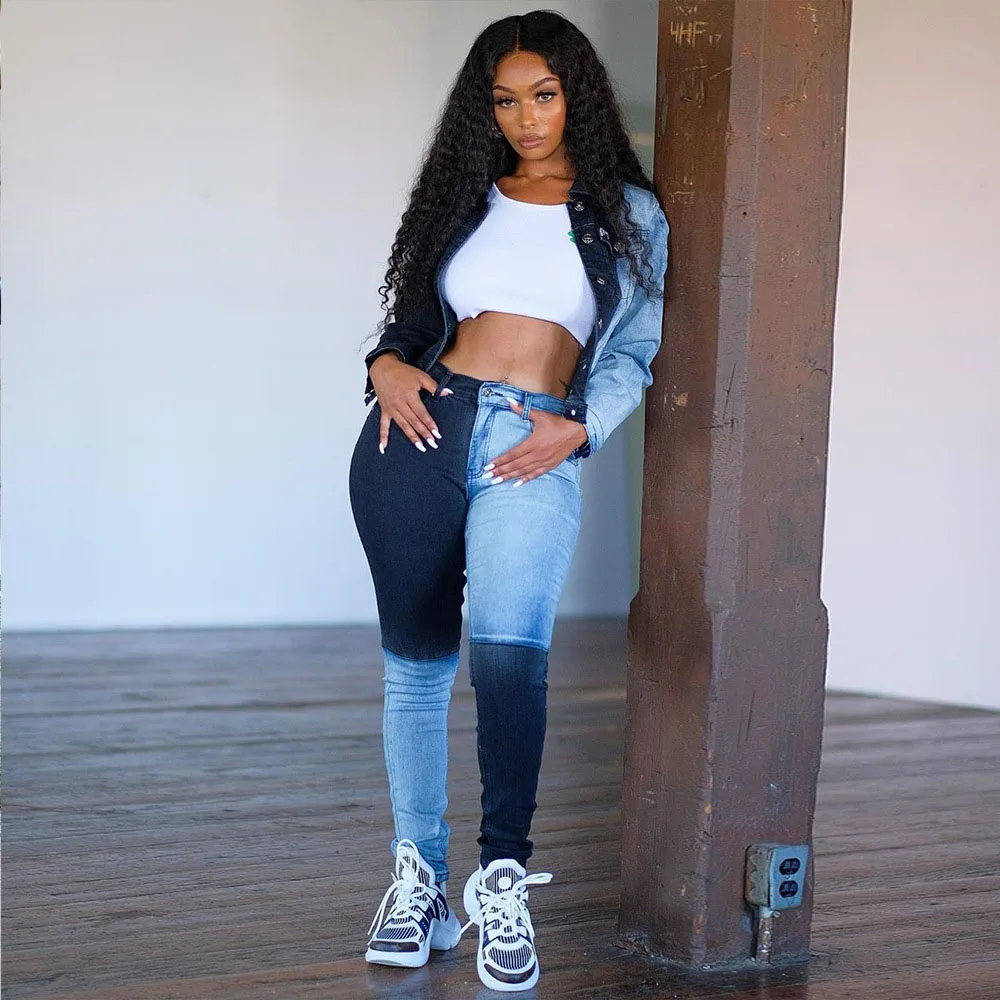 

Diiwii Girl Friend Skinny Ripped Jeans Woman Contrast Color Slim Jeans For Women Denim Pants