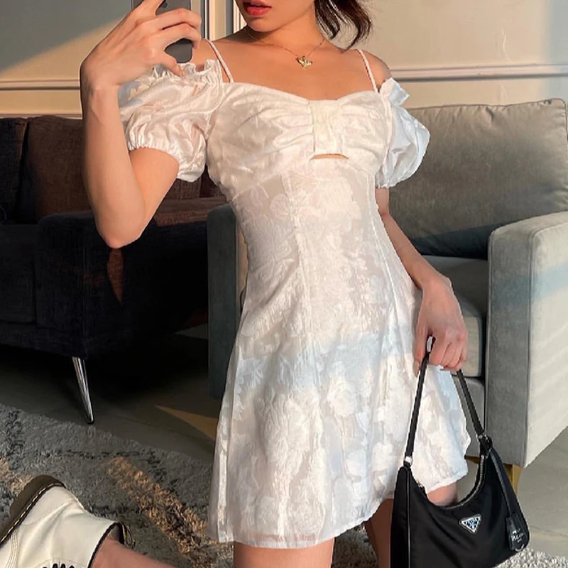 

IAMSURE Hollow Out Bow Summer Dress Vintage Square Collar Puff Sleeve Solid Mini Dreesses For Women 2021 Fashion Freench Style