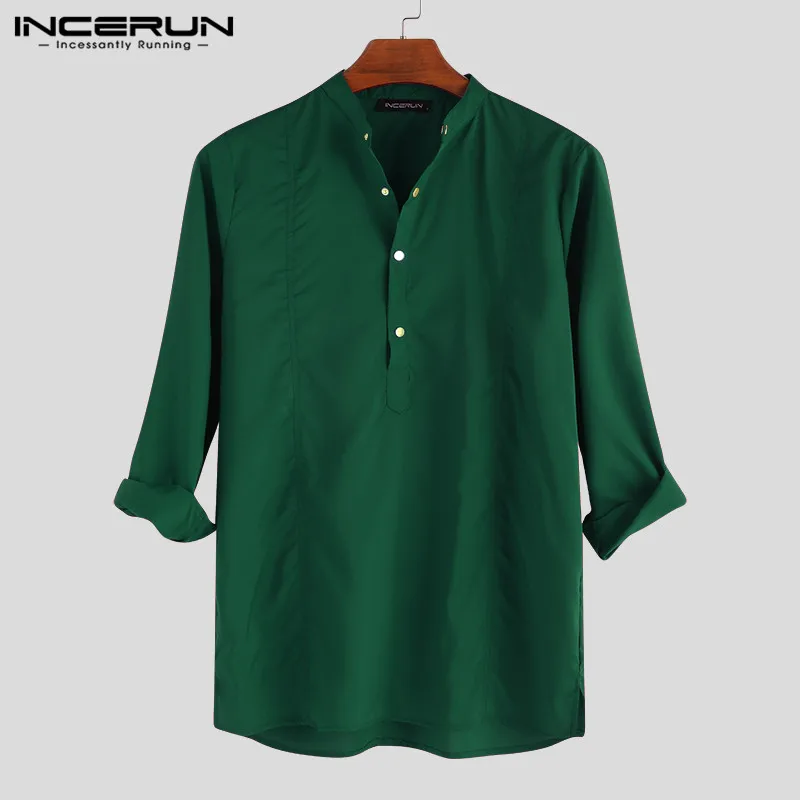 

INCERUN Men Dress Shirts Solid Color Long Sleeve Stand Collar Camisa Vintage Man Button Up Chemise 2021 Autumn Male Shirts S-5XL