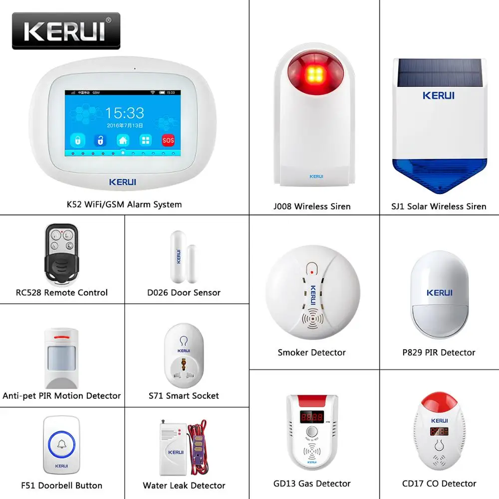 

KERUI 4.3 Inch TFT Color Screen Wireless Security Alarm WIFI+GSM Anti-Theft System PIR Motion Sensor Door Sensor Wireless Siren