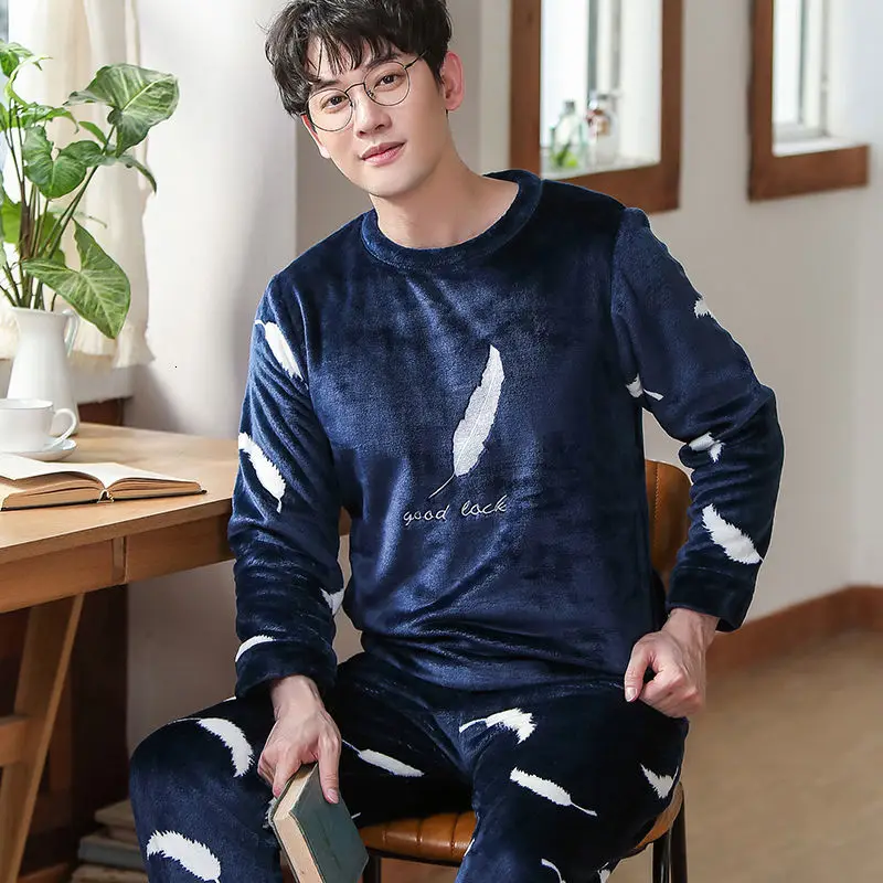 man pajama set Теплая Пижама Мужская Фланелевая Зимняя Толстая Пижама Мужская Толстая пижама с длинным рукавом Повседневная Осенняя Пижама для мужчин коралловый флис для сна XXXL - Цвет: man pajama set