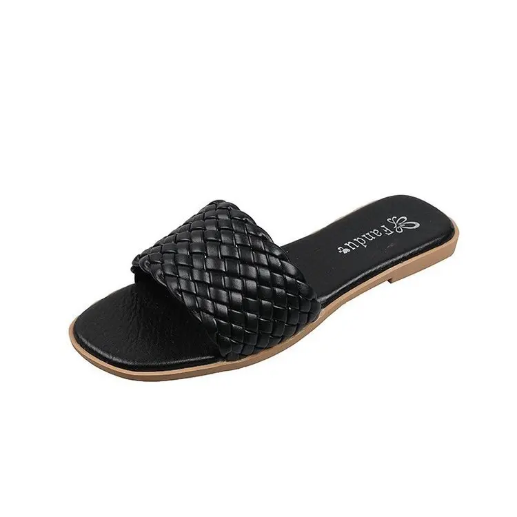 

Shoes Woman 2021 Female Slippers Big Size Luxury Slides Low New Summer Designer Rubber Fashion PU Hoof Heels Basic Rome Fabric