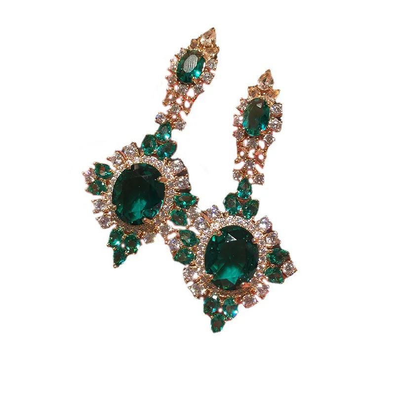 

Vintage Palace Earring 925 Silver Oval Emerald Green Rhinestone Pendant Byzantine Style Statement Fashion Earring For Women